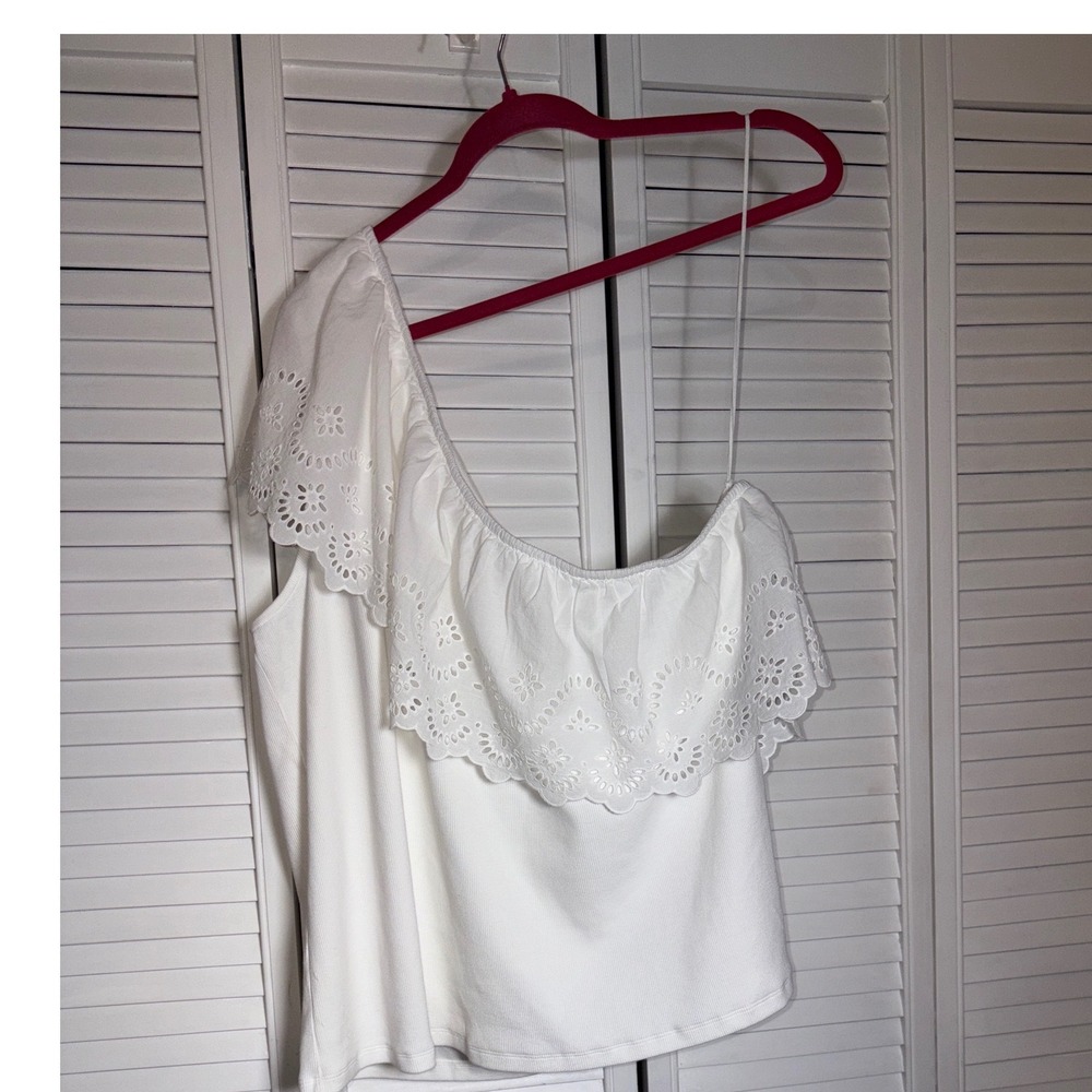 Old Navy Womens White One Shoulder Eyelet Ruffle Ribbed Knit Top 4X Plus Size